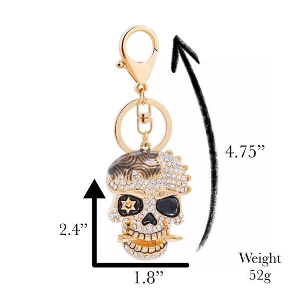 Black & Gold Crystal Pirate Skull Keychain - Picture 6 of 16
